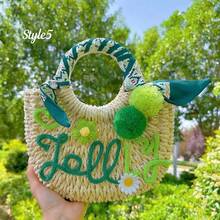 1pc Personalized Straw Woven Bag, Ribbon/Pom Pom/Crochet Flower, Fashion Letter Woven Tote Bag, Straw Handbag, Party Gift Bag, Bridesmaid Gift Basket - Multicolor - View 22