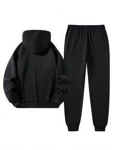 A Men's Letter-Printed Hoodie And Drawstring Sweatpants Set, Suitable For Fitness, Basketball And Casual Wear  Spring/Fall  Winter    Regular Fit    Pocket  Drawstring  Rib-Knit - 黑色 - 查看 2