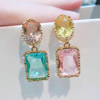 Candy Color Earrings, Beautiful Multicolor Baroque Crystal Earrings, Asymmetric Rainbow Design Earrings, Fashionable & Charming Jewelry For Women, Gorgeous & Delicate Christmas Gift