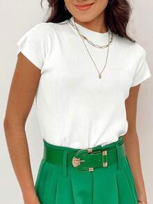 Womens Summer Short Sleeve Mock Neck Casual Basic Knit Slim Fitted Pullover Tops Shirt - 白色 - 查看 4