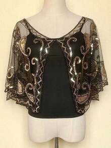 1920s Vintage Sequin Embroidered Tassel Shawl, Elegant Retro Polyester Breathable Mesh Short Cape, Women's Fashion Party Evening Dress Accessory - Multicolor - View 14