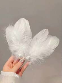2件套法式白色天鹅羽毛珍珠头饰，适合芭蕾舞、新娘羽毛发饰、情人节配饰