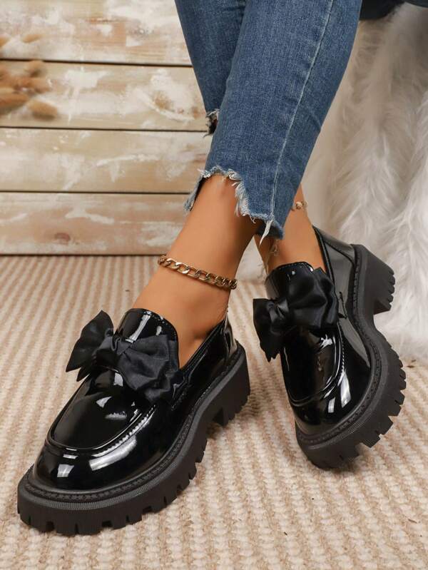 Women's Bow Decor Thick Sole Casual Pointed Toe Slip-On Loafers, Black, Elegant Flats For Daily Wear, Spring & Autumn