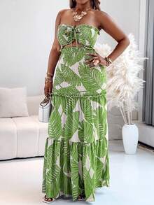 Women's Tropical Ruched Dress, Waist Cutout Design, Ruffle Hem, Fitted Silhouette, Fashionable And Unique, Suitable For Vacation, Beach Party And Summer Wear - Green - View 7