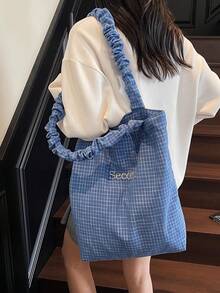 New Casual Fashion Plaid Tote Bag, Pleated Strap, Korean Style Loose Lettering Handbag, Foldable Large Capacity Shoulder Bag For University, Shopping, Travel , Office Bag - Multicolor - View 8