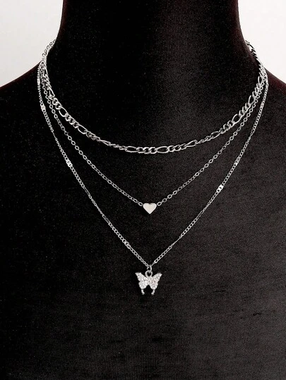 简约时尚闪亮蝴蝶和爱心装饰魅力多层项链，适合女士和女孩参加宴会、节日、约会和派对礼物，日常装饰佩戴