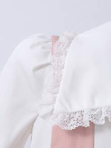 Girls' Lace Patchwork Turndown Collar Shirt With Suspender Skirt, Suitable For Spring And Autumn