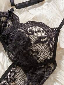 1pc Women's Black Sexy Open Crotch Lace Bodysuit, Backless Sheer Bowknot Bodystocking, Suitable For Home Or Private Party Use, Sexy Lingerie