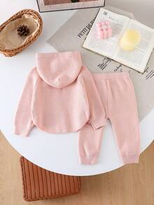 2pcs Sweet & Fashionable Round Neck Knit Top With Polka Dot Embroidery & Solid Color Pants Set For Baby Girls, Faux Button Burgundy Top With Ruffle Hem Pants