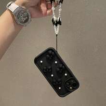 黑色时尚蝴蝶结珍珠手机壳，1个蝴蝶结仿珍珠腰链全包防摔手机壳，兼容 16/15 PRO MAX/15 PLUS/15 PRO/15/14 PRO MAX/14 PLUS/14 PRO/14/13 PRO MAX/13 PRO/13/12 PRO MAX/12 PRO/12 PRO MAX/11 PRO/11/XS MAX/XR/XS/7/8 PLUS，透明防震保护套，国际版，非国内版 - 黑色 - 查看 4