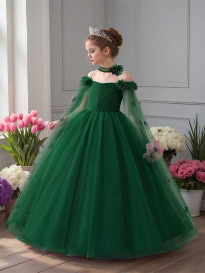 Tween Girls Tulle Long 3D Floral Princess Dress, Elegant Luxurious Formal Gown Suitable For School Dance, Prom, Evening Party (Headband Not Included)