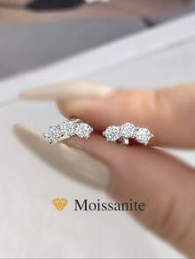 1Pair Three-Diamond Moissanite Diamond Earrings S925 Sterling Silver Wedding Earrings Engagement Stud Earrings Luxury Jewelry For Gifts Women Anniversary - Silver - View 2