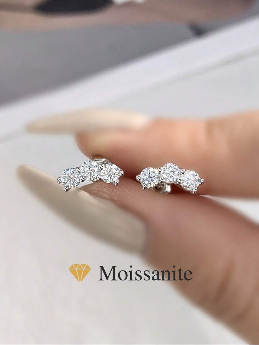 1Pair Three-Diamond Moissanite Diamond Earrings S925 Sterling Silver Wedding Earrings Engagement Stud Earrings Luxury Jewelry For Gifts Women Anniversary
