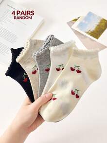 4 Pairs Of Women's Sweet Cute Cherry Pattern Simple Short Socks Ankle Socks Crew Ruffle Edged Socks, Christmas Gift, Girls Socks, Fashion Ins Style Comfortable White Socks In Random Colors, Suitable For All Seasons, For Summer&Fall&Winter