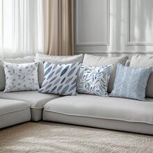 6 件蓝色简约叶子几何图案靠垫套，单面印花桃色天鹅绒材质，45*45/50*50/40*40 厘米枕套适用于现代布艺沙发室内装饰、派对装饰、礼物 - 6pc-藍色 - 查看 5