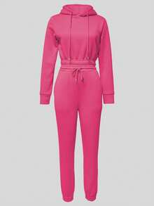 Women's 2 Pieces Thermal Lined Casual Set, Includes Long Sleeve Hoodie Sweatshirt Top And Slim Fit Sweatpants, Autumn/Winter - Hot Pink - View 5