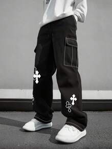 1 paio di pantaloni cargo da uomo multitasche, vestibilità morbida con stampa a croce, adatti per spiaggia, casual, allenamento, sport all'aperto, tutte le stagioni, gamba dritta, stile di moda da strada, regalo per il fidanzato/marito, occasioni speciali, autunno