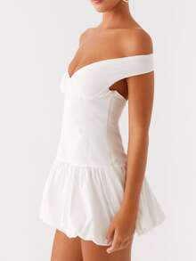 Women's Summer V Neck Off Shoulder Wedding Mini Dresses Backless A Line Puffy Hem Prom Party Gown Y2k Cocktail Bubble Mini Dress - trắng - Xem 4