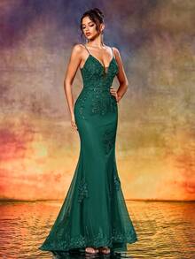 性感刺绣花朵连衣裙，搭配亮片串珠晚礼服，鱼尾下摆和后背，适合正式场合、优雅舞会晚礼服、婚礼嘉宾、毕业典礼、晚宴 - 墨綠色 - 查看 2