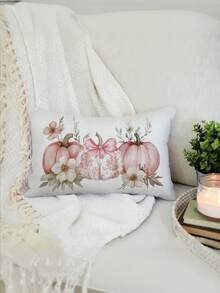 1/2/4pcs, Fall Pink Pumpkins Pillow Covers Flower Chinoiserie Farmhouse Autumn Thanksgiving Decor Lumbar Cushion Cases For Couch Home Decorations - Pink - View 4
