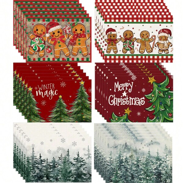 Set de sets de table de Noël - Conception d'arbre et de pain d'épices lavable et réutilisable en polyester 12x18 pouces, décoration multi-scènes (4/6 pièces)