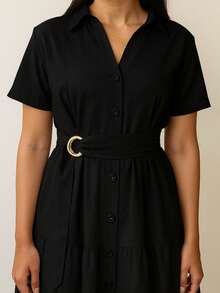 Linen Midi Dress With Lining, Buttons And Structured Collar - 黑色 - 查看 3