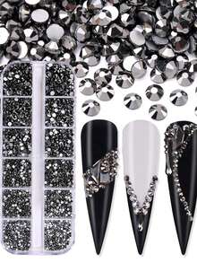 1盒12格3D美甲水钻套装，美甲宝石，水晶透明平底水钻，带收纳盒，6种尺寸（1.5-3.9毫米），适用于美甲工艺和美甲用品 - 彩色 - 查看 7