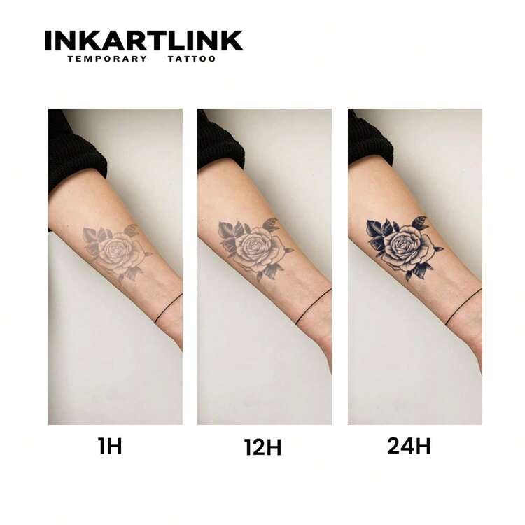 1 Sheet 8*17cm INKARTLINK Temporary Tattoos, Ink Brush Stroke & Herbal Juice Pattern, Magic Tattoo, Semi-Permanent Tattoo, Realistic Fake Tattoo, Lasting 1-2 Weeks - Black - View 6