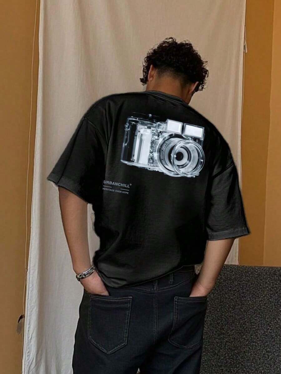 SWAVVY Camiseta negra corta con estampado de cámara, de talla estándar para hombre, de moda para el verano QH25 - Negro - Ver 1