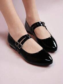 Zapatos planos negros estilo Mary Jane con plataforma perforada y tacón bajo, mocasines casuales con hebilla y cómodos zapatos Oxford con punta cuadrada, versátiles para uniformes escolares. - Charol negro - Ver 3