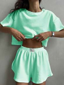 2-Pack Solid Color Mini Plaid Short-Sleeved Side Slit Wide-Leg Shorts Casual Thin Women's Pajamas Set Can Be Used At Home - Màu xanh Bạc hà - Xem 5