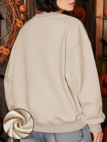 Plus Size Women's Clothing, Plus Size Autumn And Winter Women's Clothing, Halloween Women's Clothing, Maple Leaf Ghost Print, Fake Embroidery, Halloween Clothes For Women, Casual Women. Winter Clothes For Women, Fall Clothes For Women, Elegant Women, For Women, Tops, Streetwear Women, Fall Women, Back To School, Party Women, Y2K Women, Tops For Going Out, Winter Women, Country Women, Date Night Women - Apricot - View 3