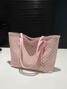 New Fashion Women's Large Capacity Full Body Print Design Letter Pattern Decoration Design Double Handle Tote Bag Suitable For Work And Commuting,School Bag,Large Capacity,Portable,Classic Casual,Business Casual,For Teen Girls Women College Students,White-Collar Workers,Perfect For Work,Back To School,Middle School,High School,College,Vacation, Fashionable Tote Bag With Zipper