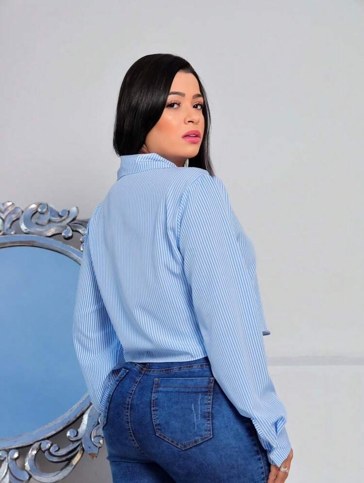 Women's Casual Long Sleeve Combined Cropped Shirt - 條紋藍 - 查看 4