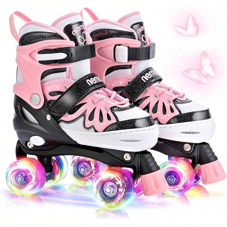 NewNEMONE Mermaid 4 Size Adjustable Light Up Roller Skates For Girls, Purple Blue Skates For Toddlers, Beginner Kids Butterfly Roller Skates Indoor OutdoorSeasonal Gifts - C-蝴蝶 - 黑粉紅色 - 查看 1