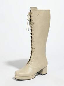 Over-The-Knee Thigh High Lace-Up Boots, Waterproof Platform Tall Boots, High Heel Equestrian Boots, Dance & British Style - Beige - View 4