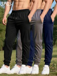 男士休闲舒适三件套裤装，可调节抽绳腰带，带口袋，弹力面料，通勤及运动裤，情人节礼物 - 黑色 - 查看 6