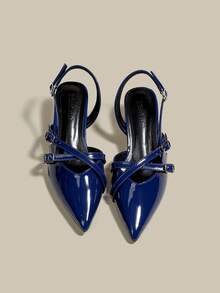 Women's Navy Blue Patent Leather Pointed Toe Single Strap Chunky Heel Pumps, Elegant Pointed Toe Formal High Heels, Fashionable Slingback High Heel Shoes - Royal Blue - View 5