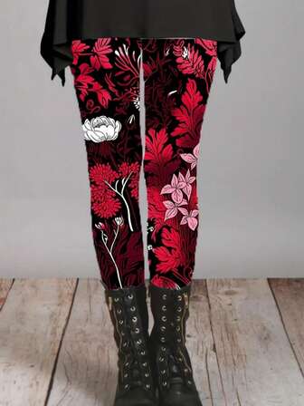 女式花卉印花紧身裤性感紧身针织面料，四季几何图案高腰长款紧身裤