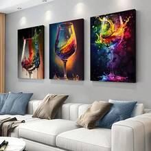 Juego de 3 piezas, Impresiones de arte en lienzo 2D, Decoración de estilo abstracto de copa de vino, Carteles de pintura de acuarela colorida, Adecuado para uso en interiores y exteriores, Decoración para el hogar, oficina, sala de estar, dormitorio, baño, comedor, Decoración con tema de dibujos animados - Multicolor - Ver 7