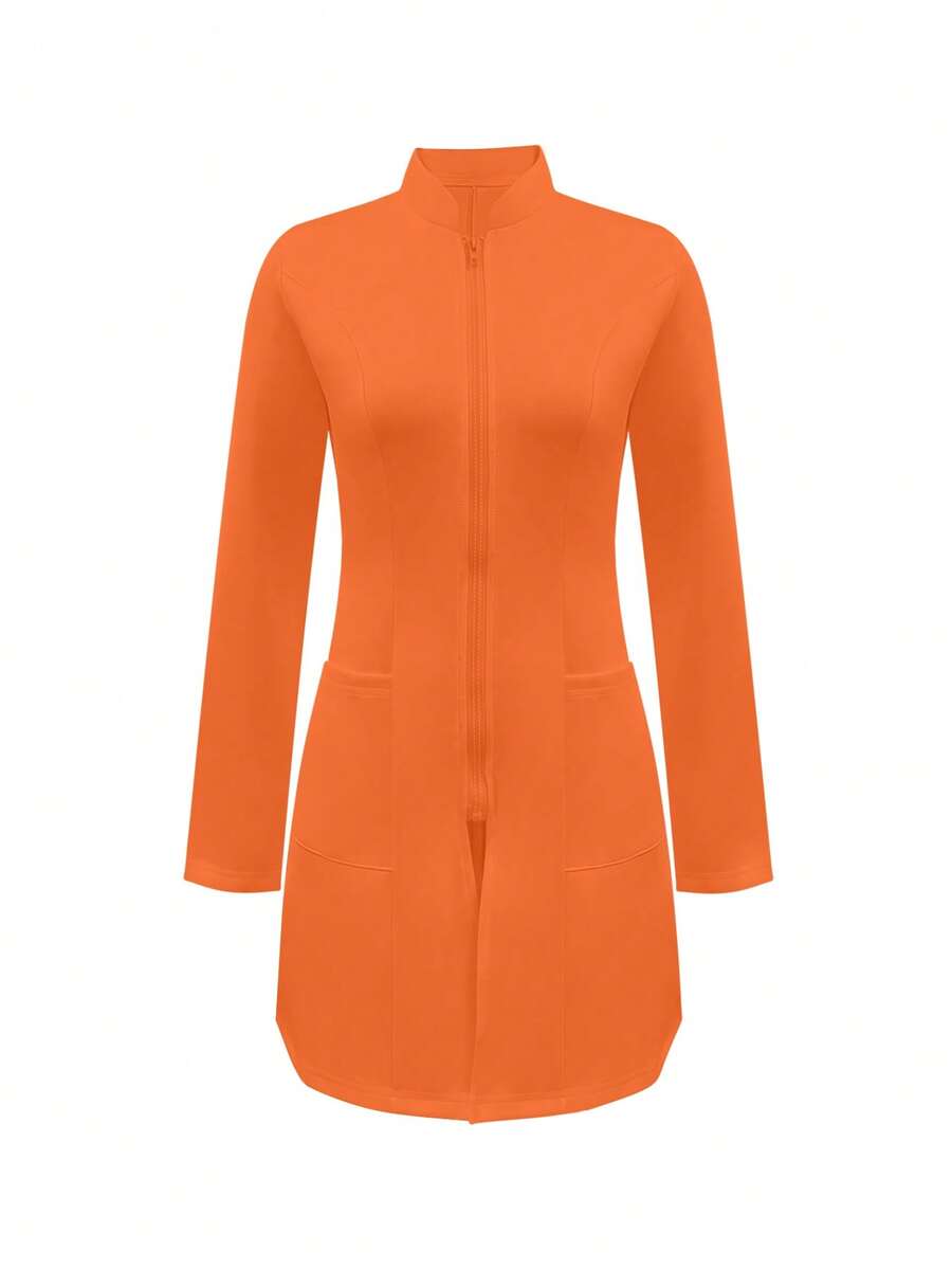 Solid Color Zip-Up Front Dual Pocket Lab Coat Spring - Orange - View 1