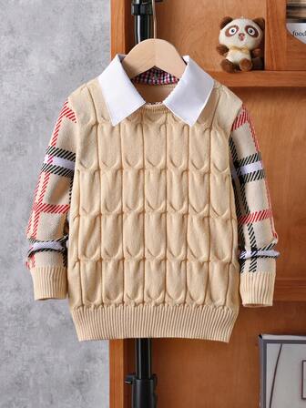 Boys' Detachable Collar Cable Knit Sweater, School Style Casual Long Sleeve Pullover For Kids, Suitable For Spring, Autumn, Winter