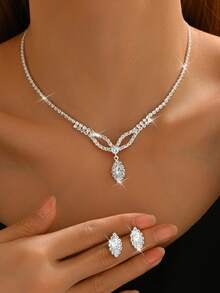 3pcs Set Minimalist Copper Rhinestone & Crystal Necklace & Earrings Jewelry Set, Wedding Accessories