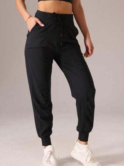 Pantalones jogger de mujer de unicolor con cordón en la cintura y bolsillos, casuales y para hacer ejercicio