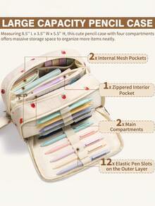 62PCS Large Capacity Pencil Pouch Stationery Pen Bag With Pastel Highlighters Black Ink Gel Pens Mechanical Pencils Set 0.5mm, 0.7mm & 2.0mm, Aesthetic School Supplies For Back To School Student & College Essentials Gifts - 米色草莓 - 查看 4