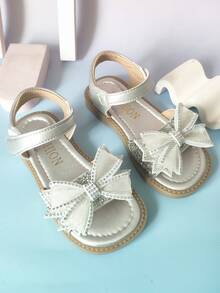 1 par de sandalias de niñas con punta descubierta para verano, con lazo, cierre de gancho y bucle, zapatos de moda - Plateado - Ver 5