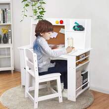 Kids Desk and Chair Set, Mesa de Estudio Infantil con Silla y Almacenamiento - Juego de Escritorio para Niños 3-8 Años, Incluye Estantería y Gabinetes, Ideal para Aprender, Pintar y Jugar - Blanco - Ver 1