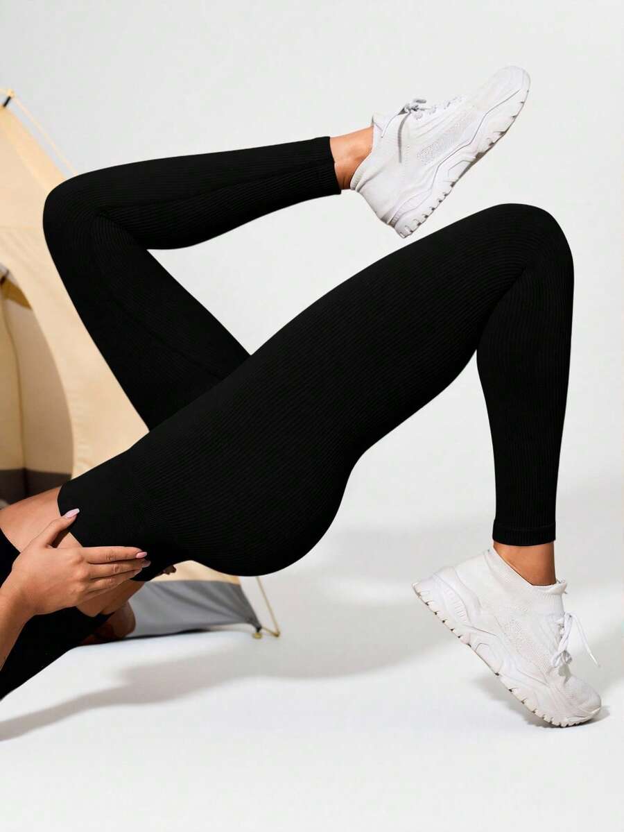 Quần legging bó cạp cao liền mạch có gân dành cho nữ - Quần legging Cloud Soft mềm mại như làn da thứ hai, nhanh khô, thoáng khí, co giãn 4 chiều, dùng để chạy bộ, đạp xe, tập yoga, bóng chày, thường ngày, màu đen - màu đen - Xem 1