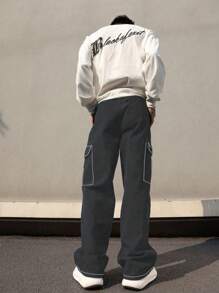 1 件男士多口袋工装裤，宽松交叉印花，适合海滩、日常通勤、运动、户外、休闲直筒裤，时尚街头服饰，男友/丈夫礼物，周年纪念礼物，四季皆宜，秋季