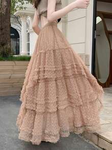 大码提花心形网纱褶裥半身裙，仙女蓬蓬蛋糕长裙 春季 - 咖色愛心 - 查看 2
